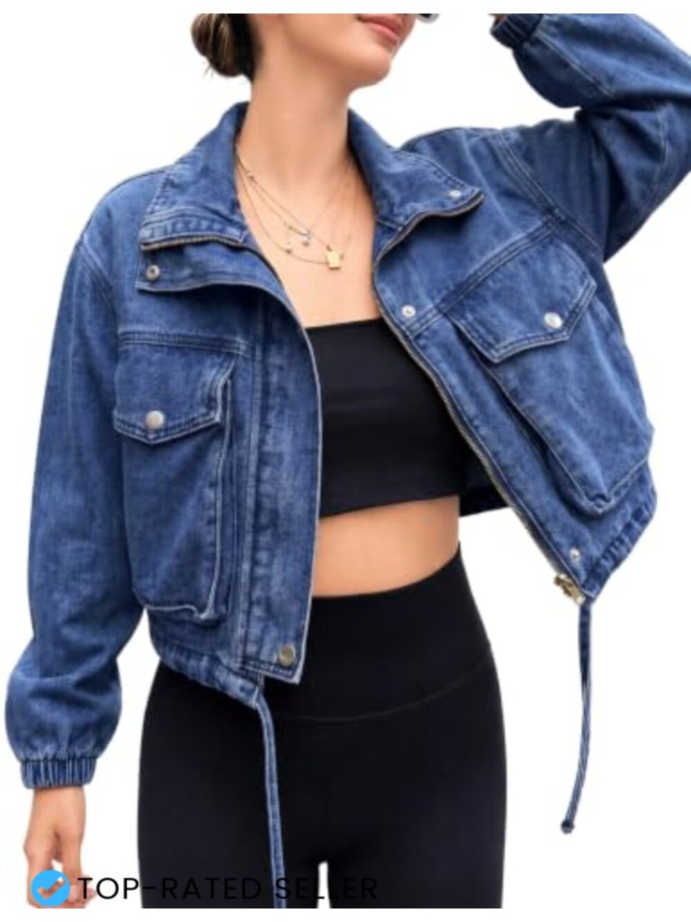 Women's Cropped Denim Jacket Zip Front Lightweight Casual - Picture 2 of 6